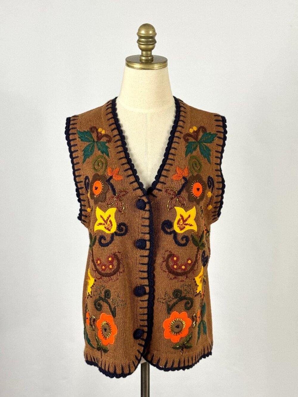 Vtg 90s Autumn Folk Floral Applique Knit Sweater Vest Fall Leaves Brown Orange